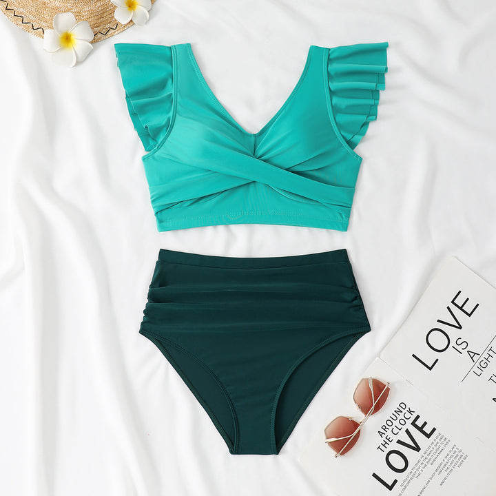 Damen Zweiteiliges High-Waist Bikini-Set mit Rüschendetails Drune
