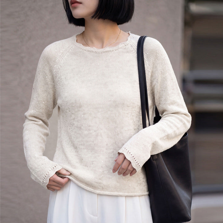 Damen leichter Feinstrickpullover mit dezenter Glitzeroptik und Raglanärmeln Drune