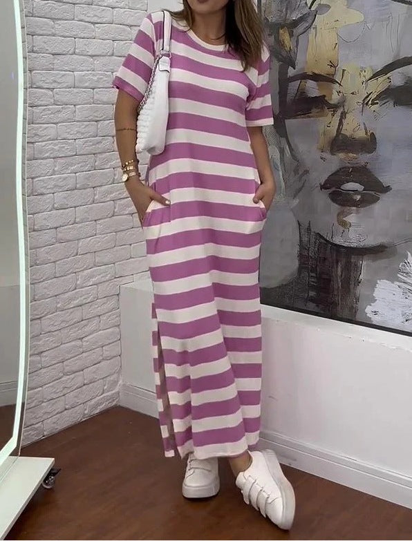 Damen Maxikleid mit klassischen Streifen und seitlichen Schlitzen Drune