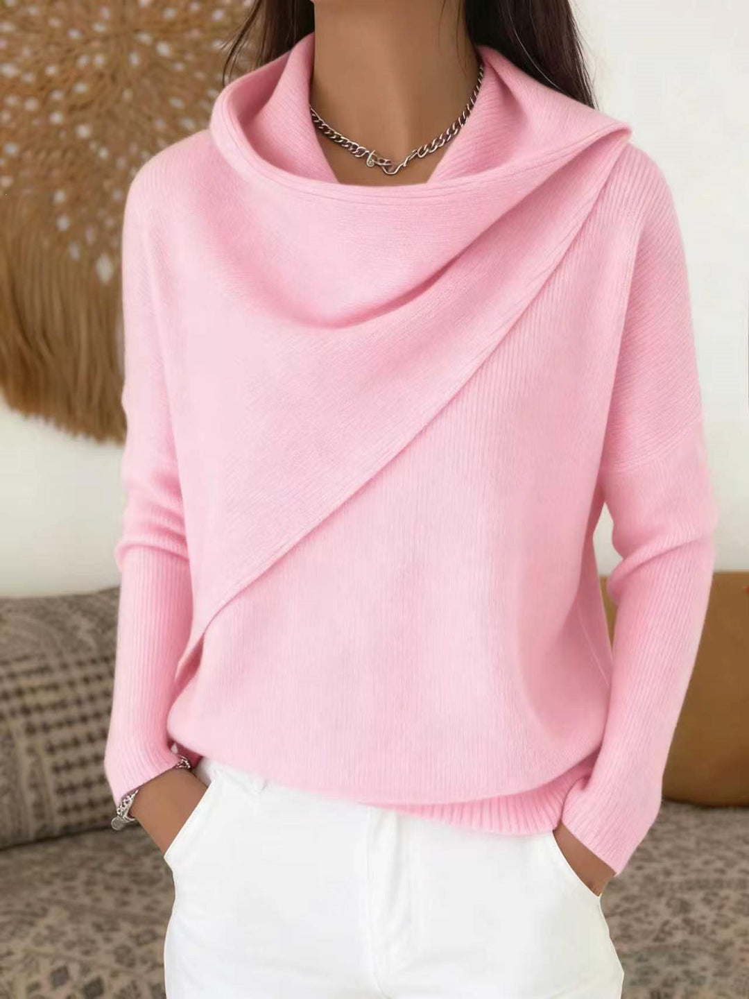 Damen Asymmetrischer Grobstrick-Pullover mit Schalkragen Drune