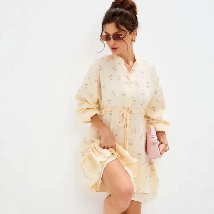 Damen Blumiges Baumwoll-Minikleid mit Taillenschnürung und Volantsaum Drune
