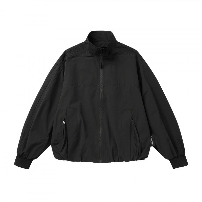 Unisex Leichte Boxy-Outdoorjacke im Trackstil mit hohem Stehkragen, Reißverschlusstaschen und elastischem Saum Drune