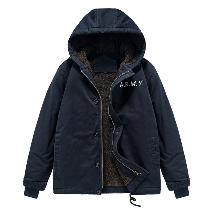 Herren nan gefütterte Fieldjacke mit Kapuze, Teddyfutter, verdeckter Reißverschluss und Kordelzug Drune