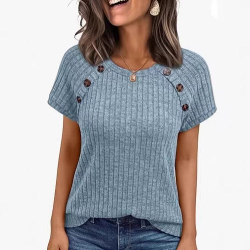 Damen lässiges Rippenstrick-T-Shirt mit Knöpfen Drune