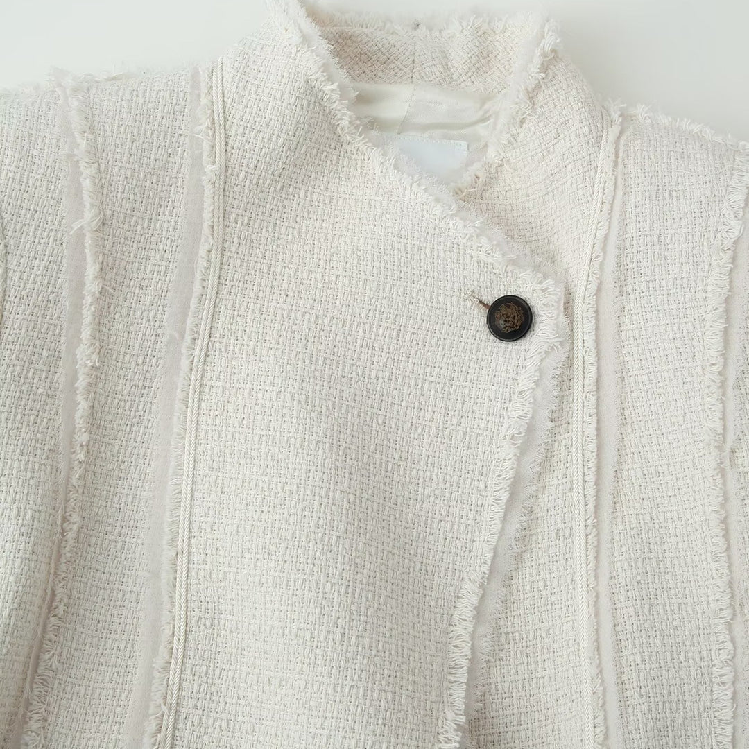 Damen Bouclé-Blazer mit Stehkragen, taillierter Silhouette und Fransenbesatz Drune