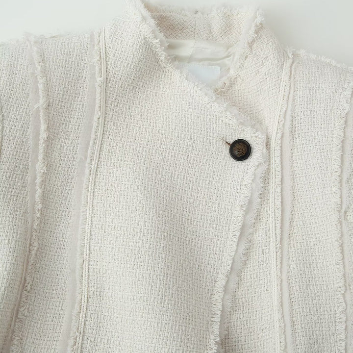 Damen Bouclé-Blazer mit Stehkragen, taillierter Silhouette und Fransenbesatz Drune