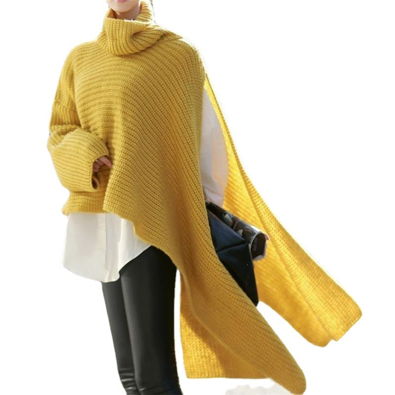 Damen Asymmetrischer Rollkragen-Poncho mit seitlichem Cape-Detail Drune