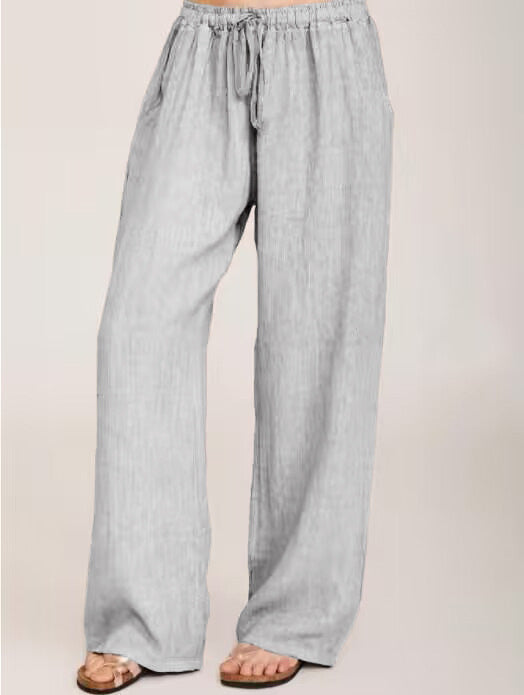 Damen Weite Leinenhose mit elastischem Bund und Seitentaschen Drune
