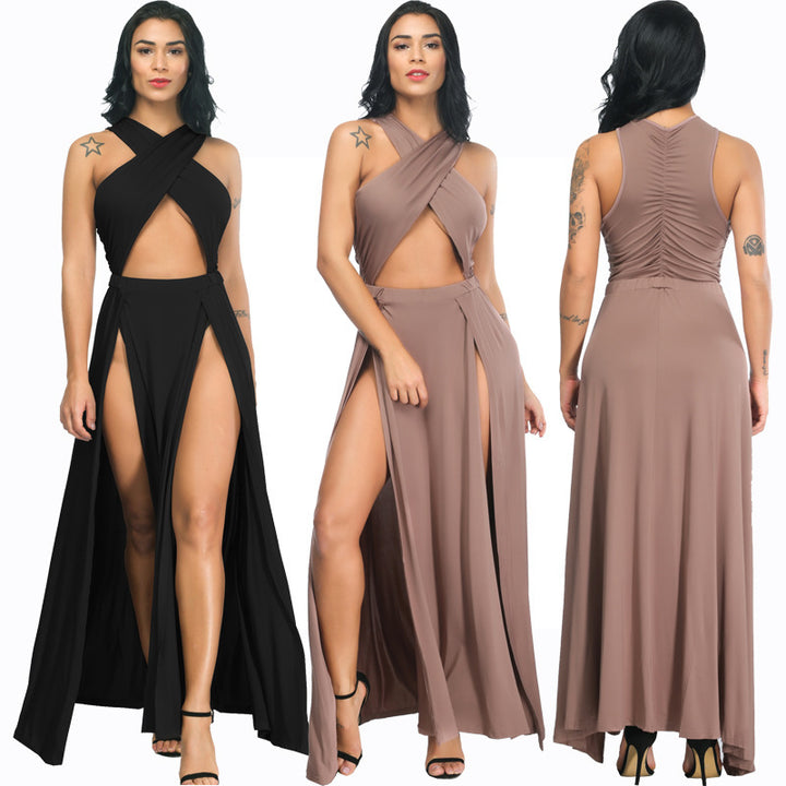 Damen Maxikleid mit Hochgeschlossenem Ausschnitt und Beinschlitz Drune