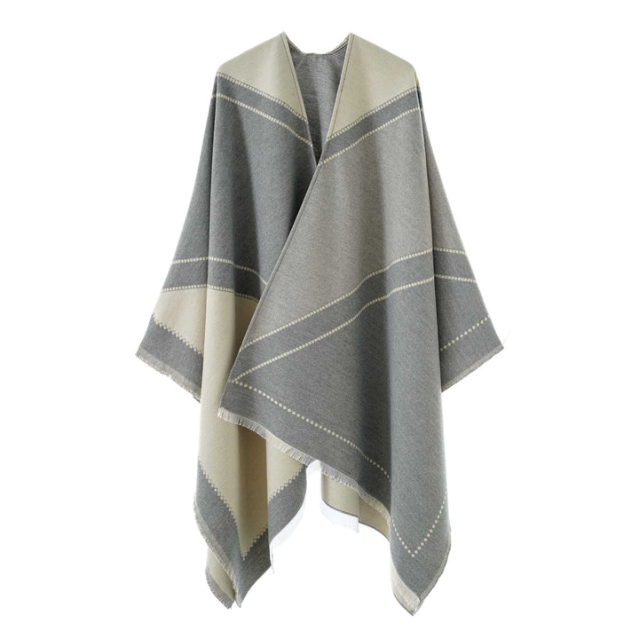 Damen Großer Wollmix Fransenponcho mit diagonalen Kontraststreifen Drune
