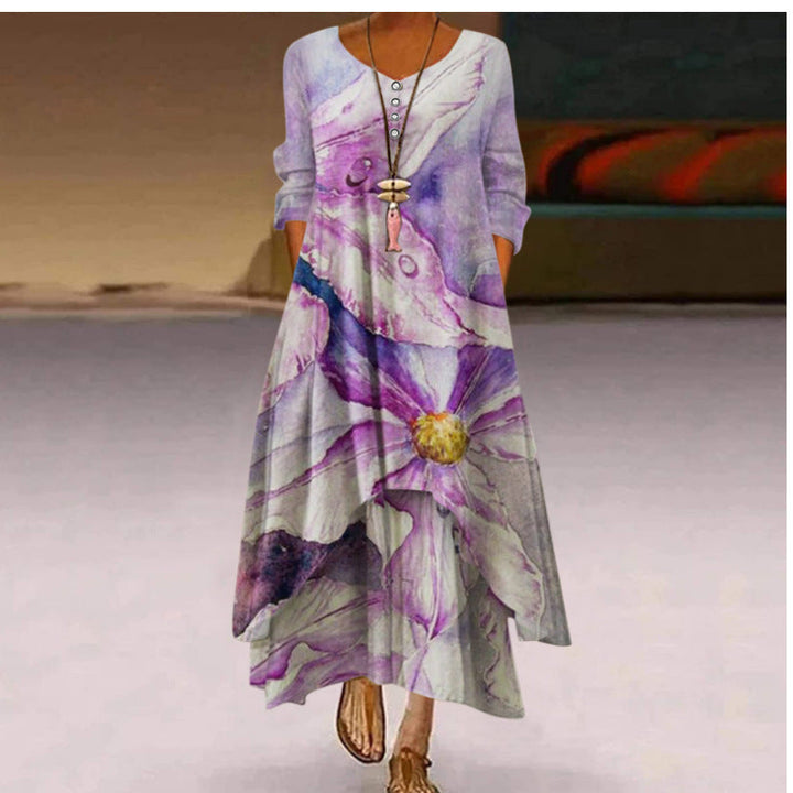 Damen Fließendes Maxikleid mit kunstvollem Blumendruck und asymmetrischem Saum Drune