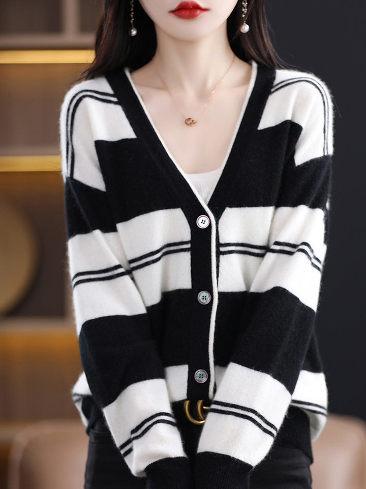 Damen Midilanger Feinstrick-Cardigan mit breiten Blockstreifen, V-Ausschnitt und gerippten Bündchen Drune