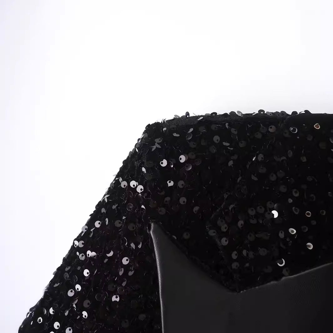 Damen nan glitzernder Pailletten-Blazermantel mit weitem Schalkragen, Satinrevers und verstellbarem Taillengürtel Drune