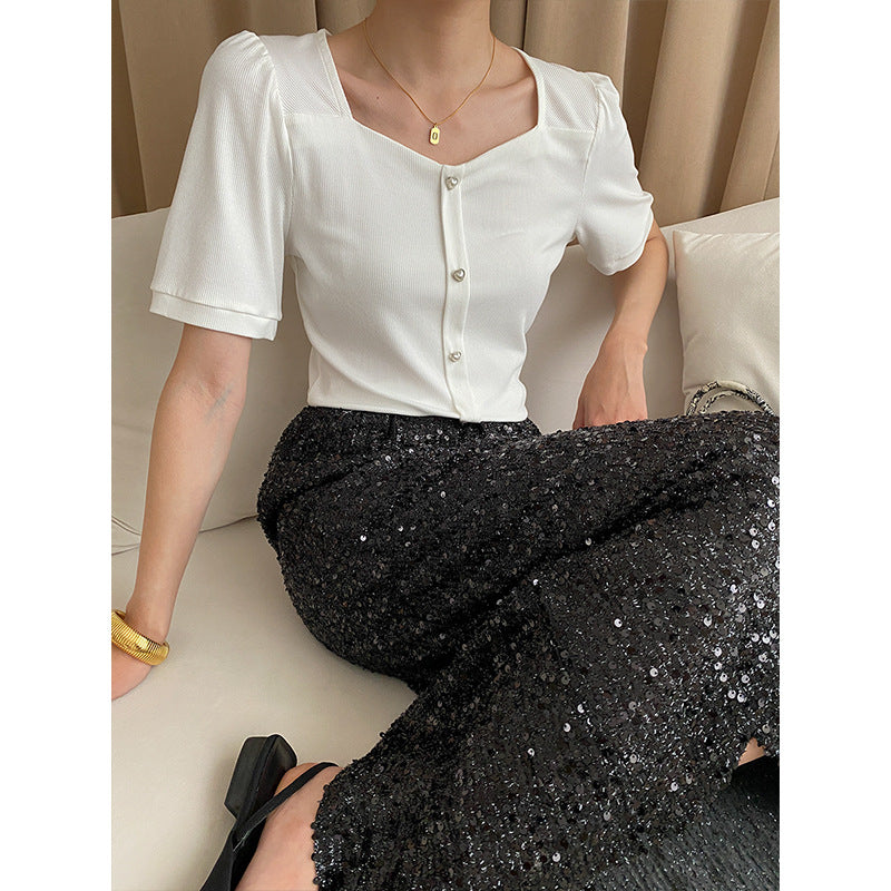 Damen elegantes Oberteil mit feinen Knopfdetails Drune