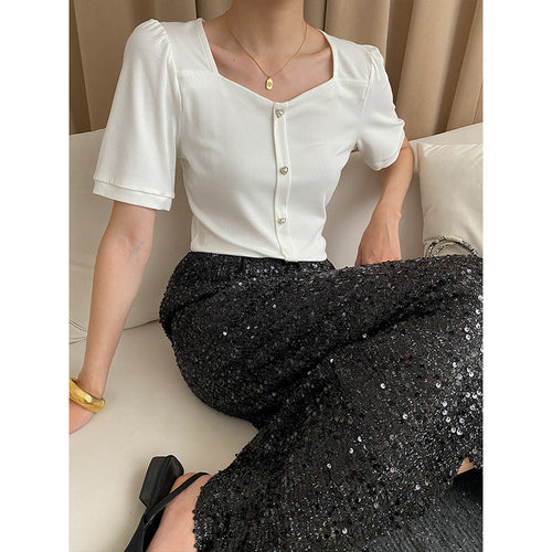 Damen elegantes Oberteil mit feinen Knopfdetails Drune