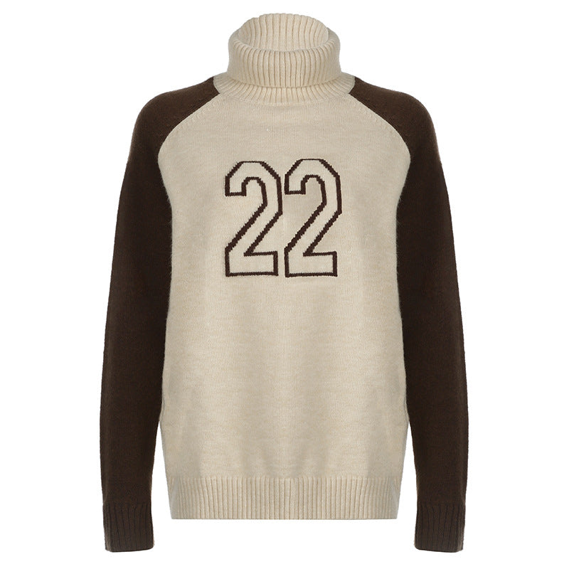 Damen Rollkragenpullover mit Raglanärmeln und Zahlen-Intarsia Drune