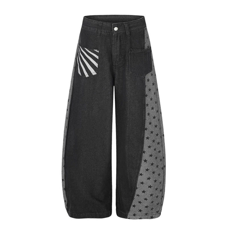 Damen Weite Denim-Palazzohose mit Kontrastseiten, Stern-Print und aufgesetzten Taschen Drune