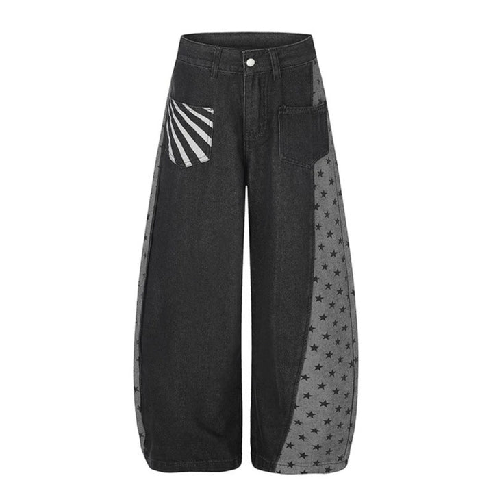 Damen Weite Denim-Palazzohose mit Kontrastseiten, Stern-Print und aufgesetzten Taschen Drune