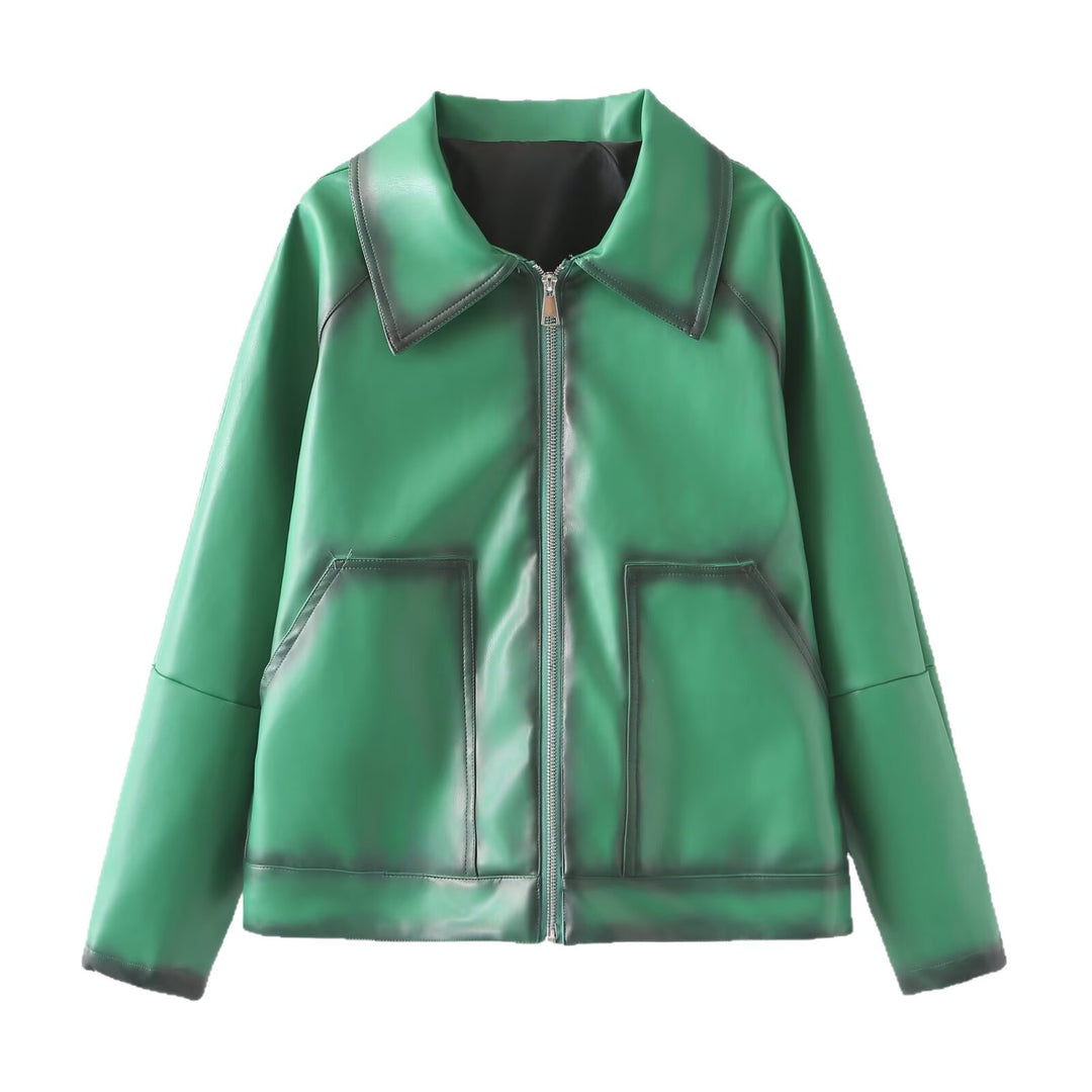 Damen Boxy-Kunstlederjacke mit großem Hemdkragen und durchgehendem Reißverschluss Drune