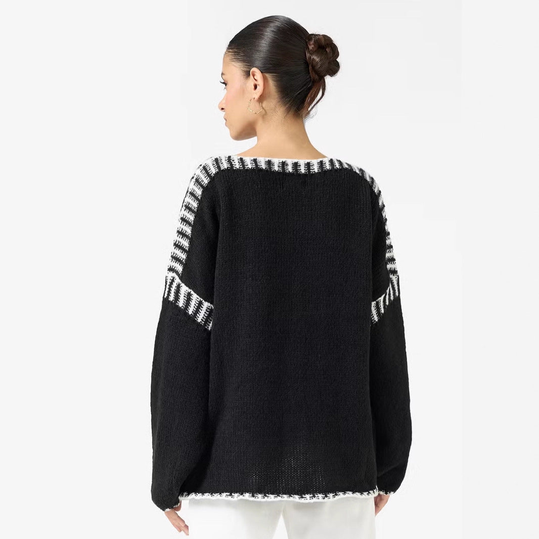 Damen Oversize Grobstrickpullover mit Kontraststreifen an Schultern und Saum Drune