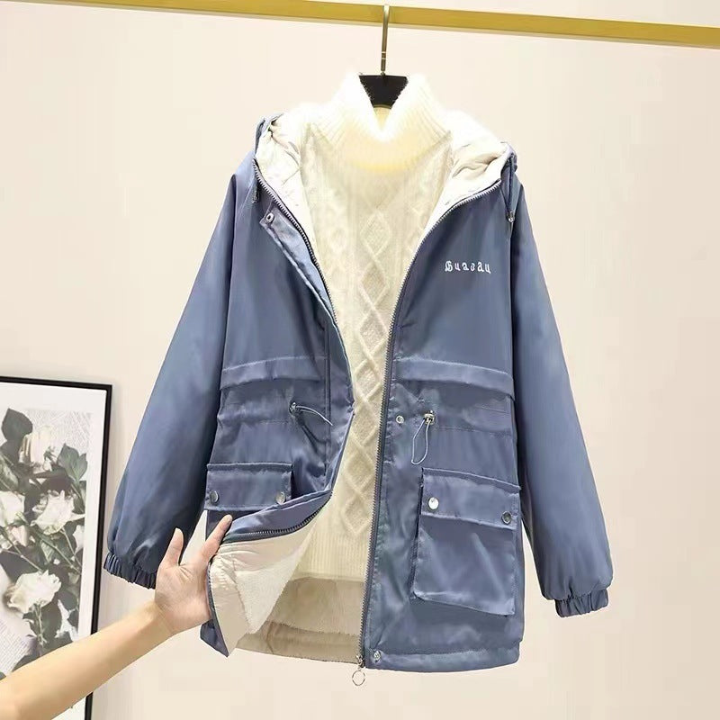 Damen gefütterte Parka-Jacke mit Kapuze und verstellbarem Taillenzug Drune