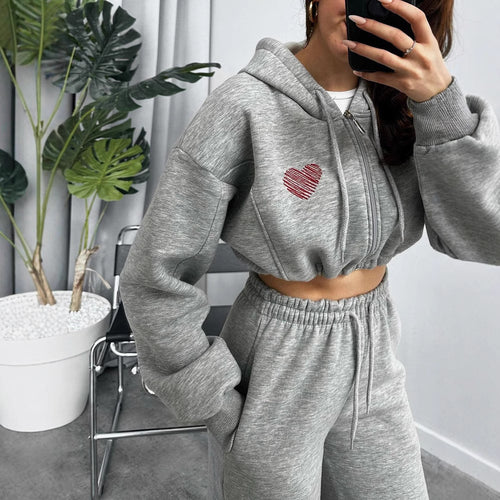Damen Cropped Kapuzenpullover und hohe Taille Wide-Leg Jogginghose Set Drune