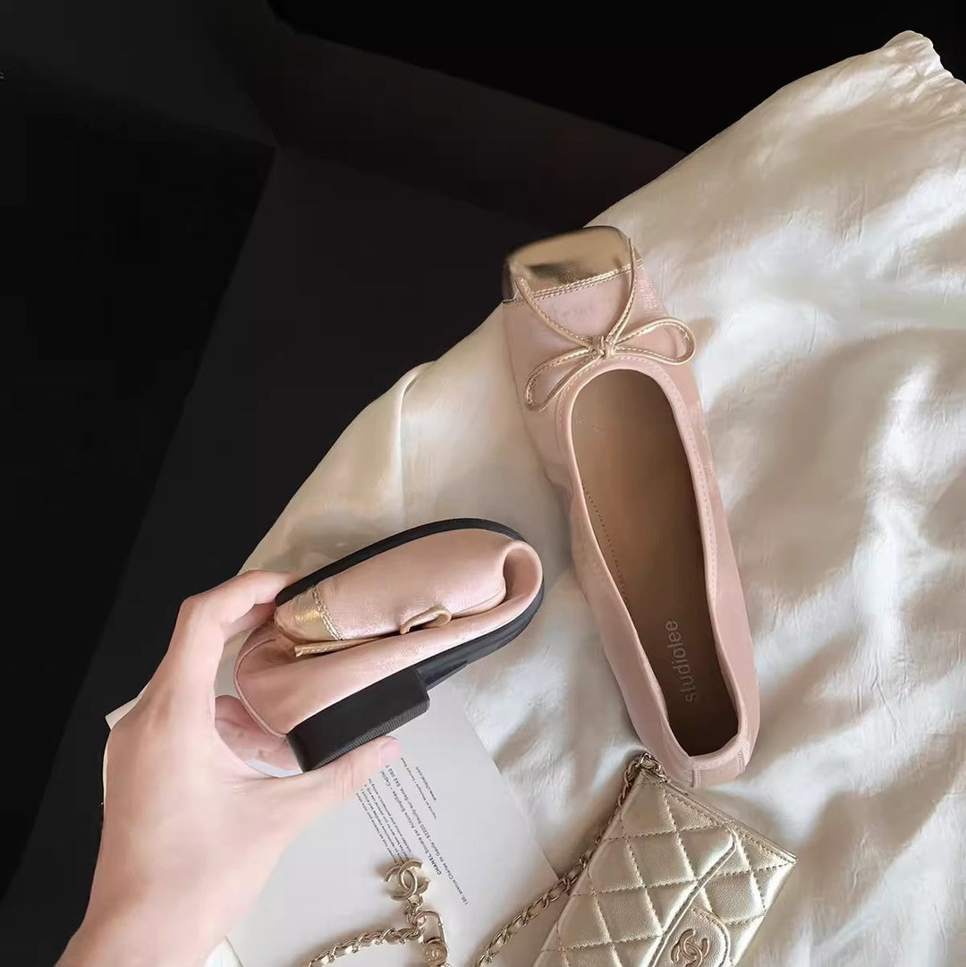 Damen elegante Ballerinas mit Schleifendetail und glänzender Schuhspitze Drune