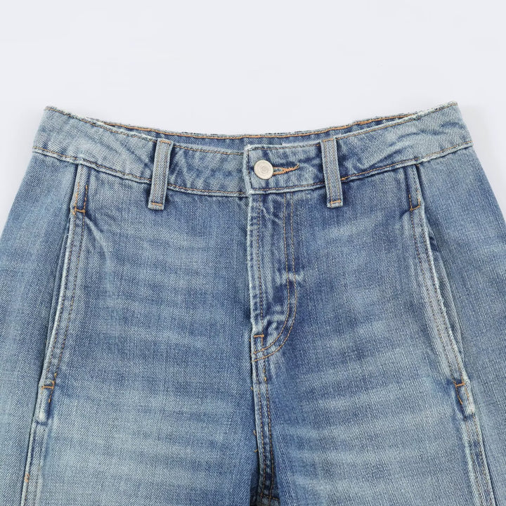 Damen Weite Cargo-Jeans mit hohem Bund, aufgesetzten Pattentaschen und Ziernähten Drune