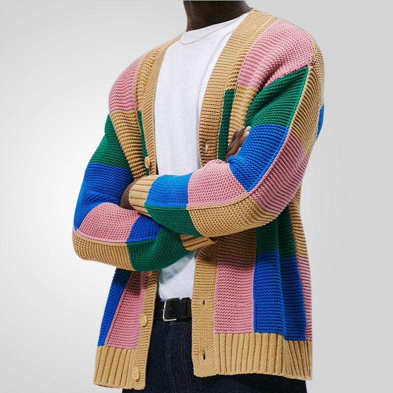 Herren Strickjacke mit buntem Blockmuster und bequemen Knöpfen Drune