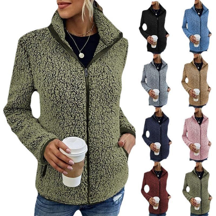 Damen flauschige Fleecejacke mit hohem Kragen und seitlichen Taschen Drune