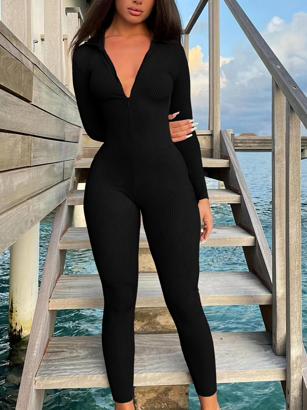 Damen Figurbetonter Rippstrick Jumpsuit mit Reißverschluss und Hemdkragen Drune