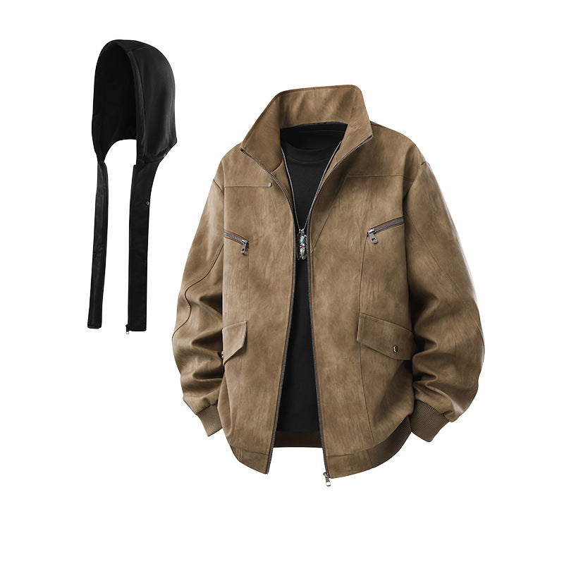 Herren Oversize-Blouson aus Kunstleder mit abnehmbarem Kapuzen‑Einsatz, Stehkragen und Utility‑Taschen Drune
