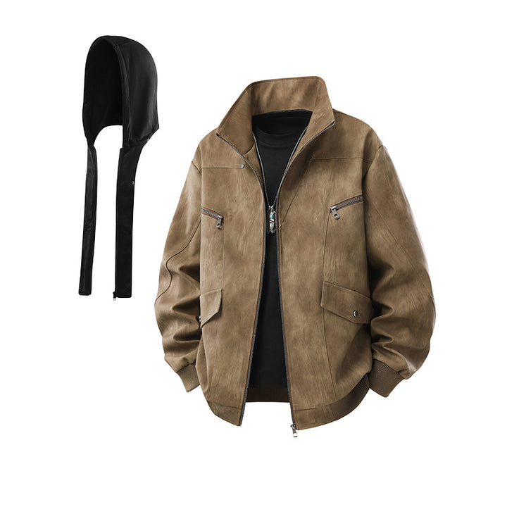 Herren Oversize-Blouson aus Kunstleder mit abnehmbarem Kapuzen‑Einsatz, Stehkragen und Utility‑Taschen Drune