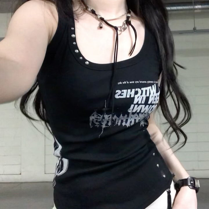 Damen Trendiges Oversized Tanktop mit auffälligem Grafikdruck und Rüschen Drune