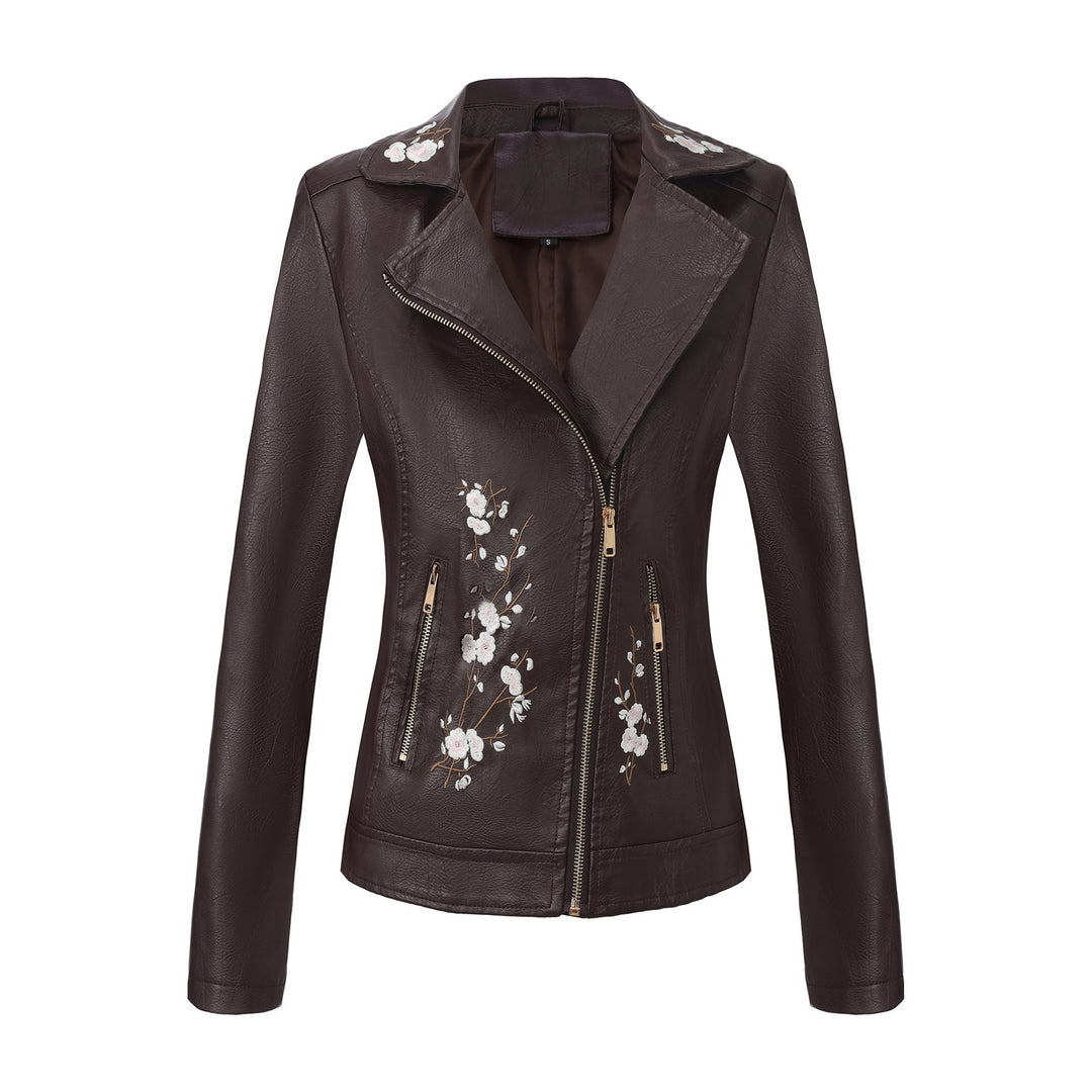 Damen nan bestickte taillierte Kunstleder Bikerjacke mit asymmetrischem Reißverschluss Drune