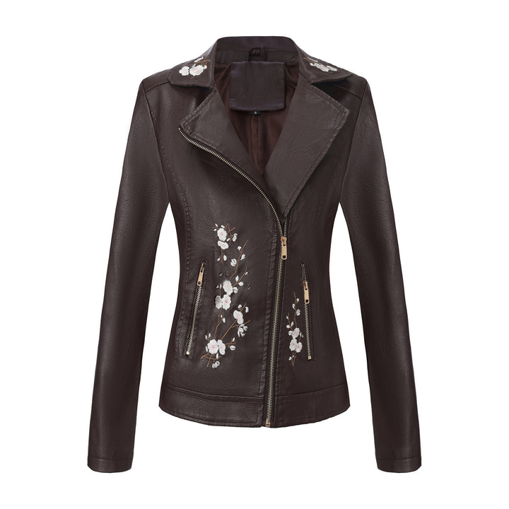 Damen nan bestickte taillierte Kunstleder Bikerjacke mit asymmetrischem Reißverschluss Drune