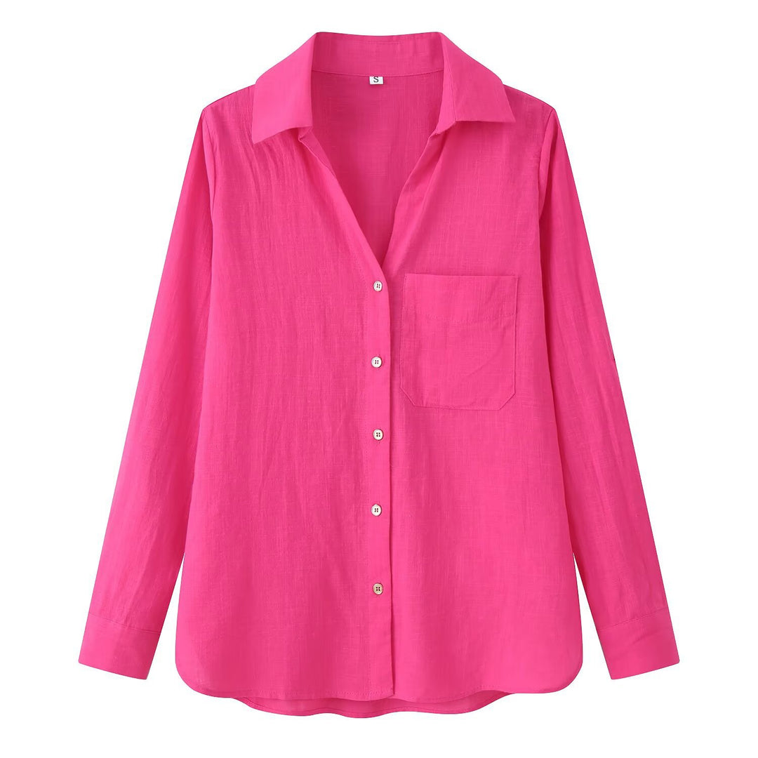 Damen Leichte Oversize-Leinenbluse mit Brusttasche und Hemdkragen Drune