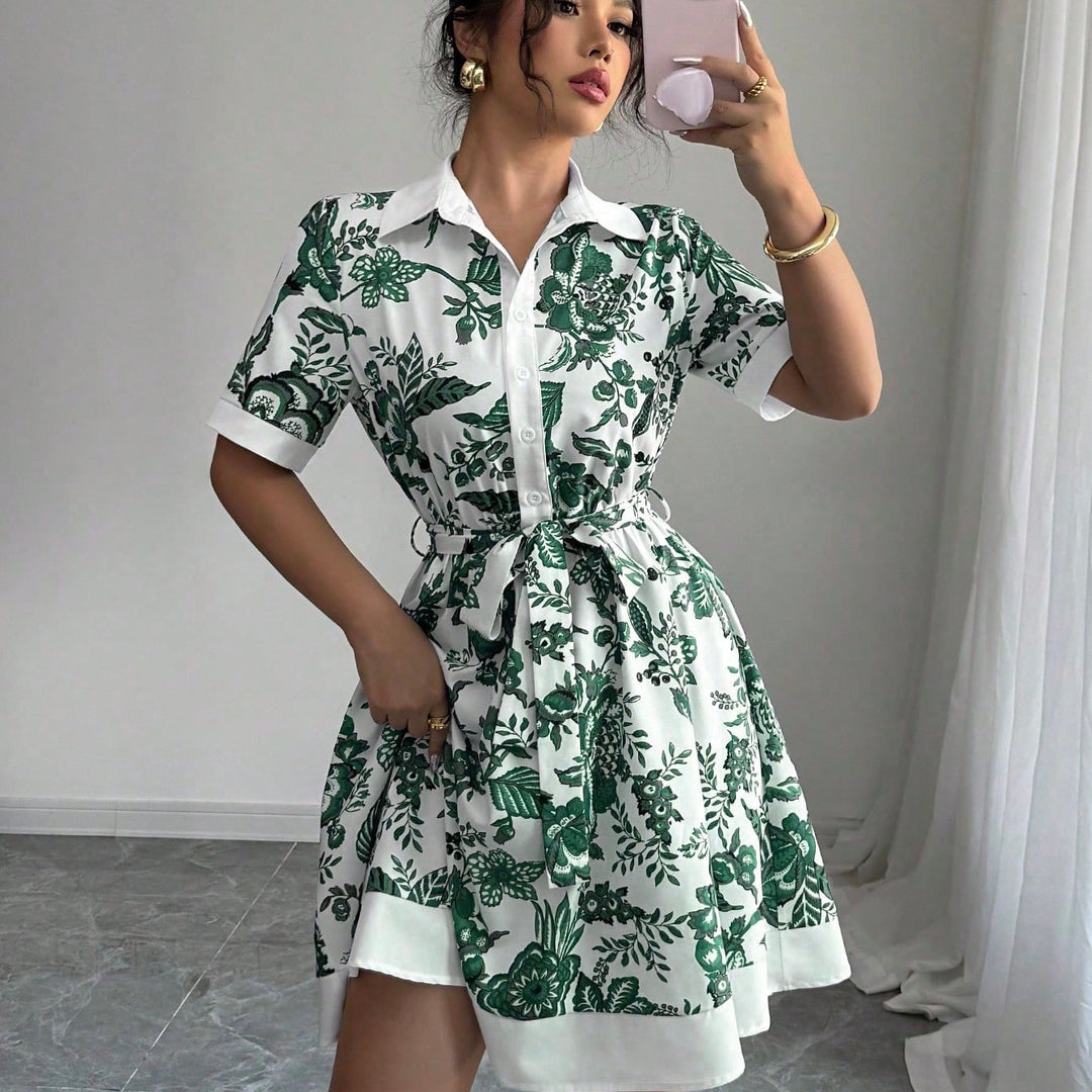 Damen Hemdblusenkleid mit floralem Muster und Taillengürtel Drune