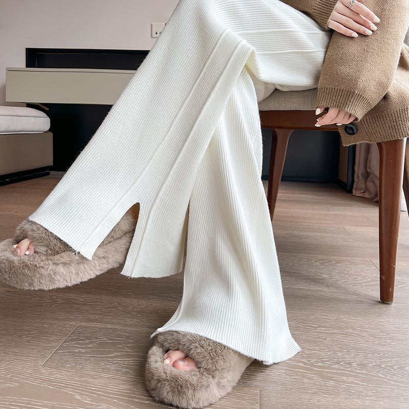Damen Modische Rippstrick-Hose mit seitlichen Schlitzen Drune