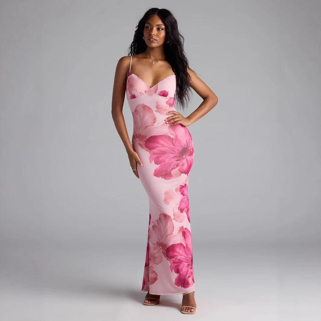 Damen Elegantes Blumenmaxikleid mit feinen Spaghettiträgern und figurbetontem Schnitt Drune