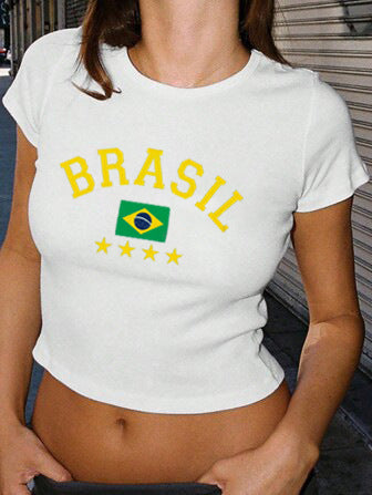 Damen Crop-T-Shirt mit kreativem Grafikdruck und stylischem Schriftzug Drune