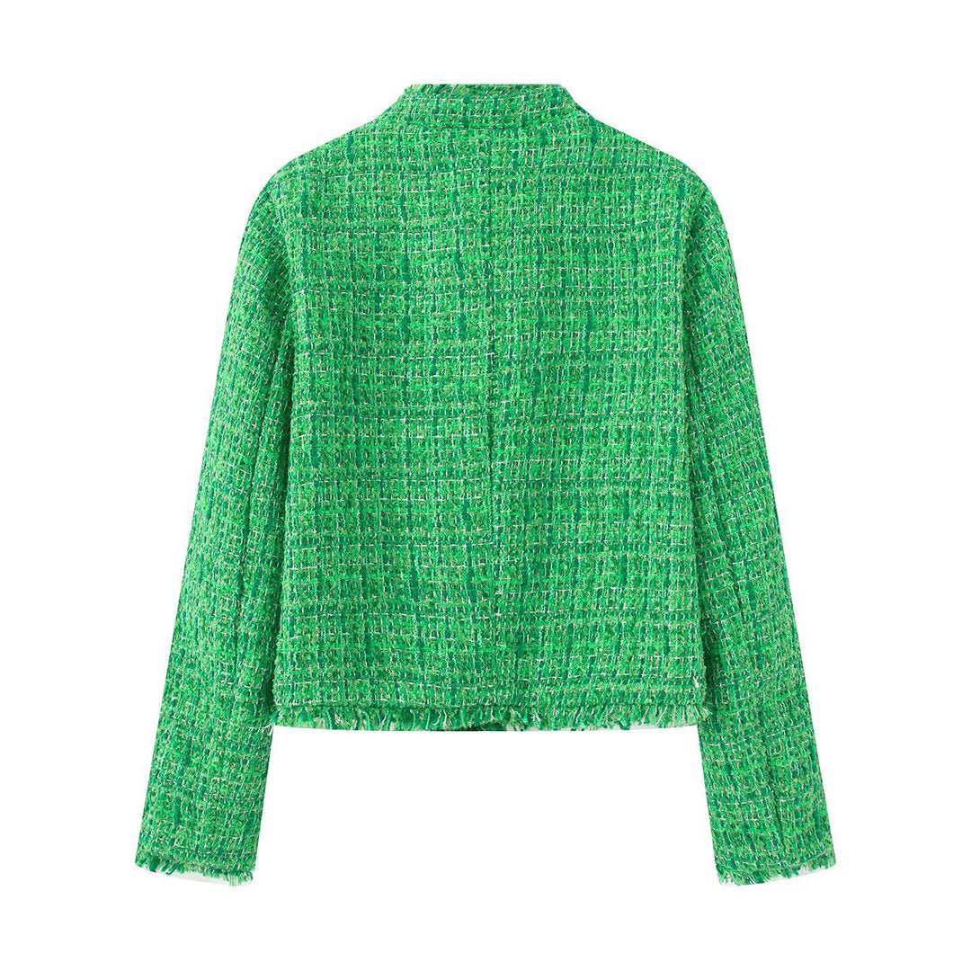 Damen nan kurze Bouclé-Tweedjacke mit goldenen Zierknöpfen, aufgesetzten Taschen und Fransenbesatz Drune