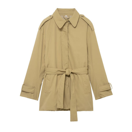 Damen Kurzer Trenchcoat mit Taillengürtel und Schulterklappen Drune