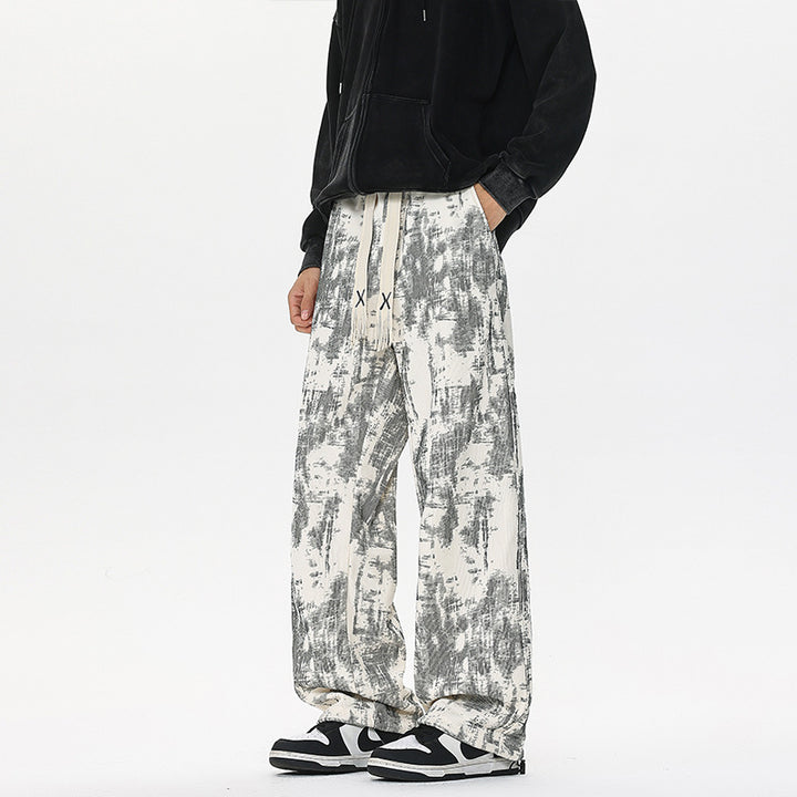 Herren Weit geschnittene Loungehose mit abstraktem Allover‑Print, elastischem Bund und Tunnelzug Drune