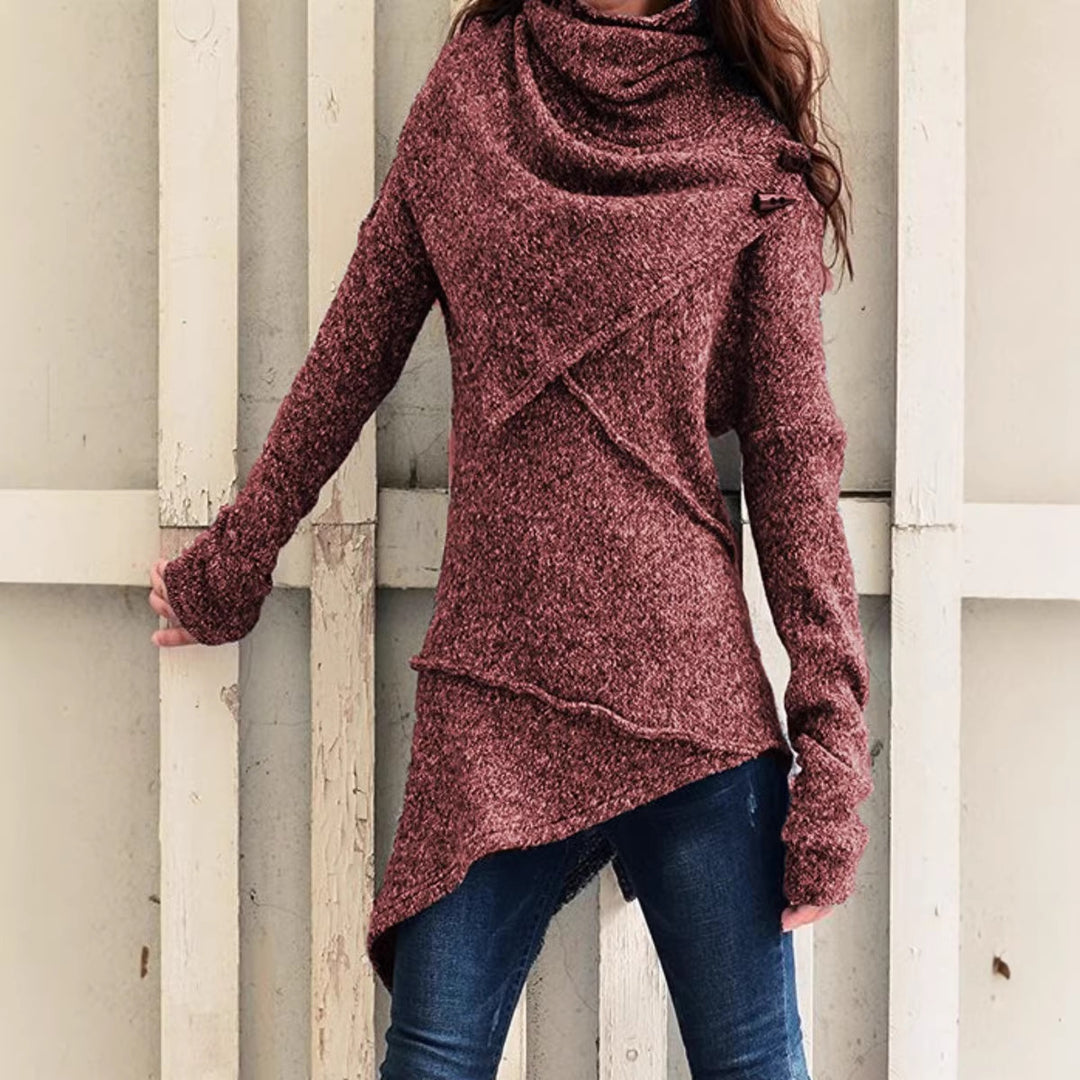 Damen asymmetrischer Boucle-Strickpullover mit großem Schalfkragen Drune