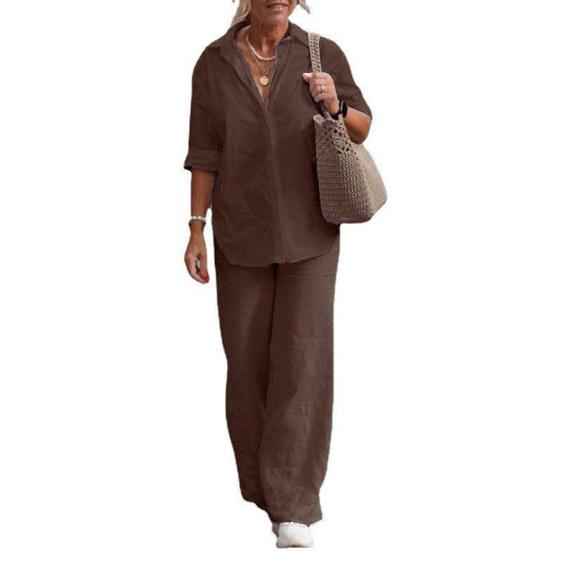 Damen Leichtes Leinen-Optik Zweiteiler mit Oversize-Hemd und weiter Palazzohose Drune