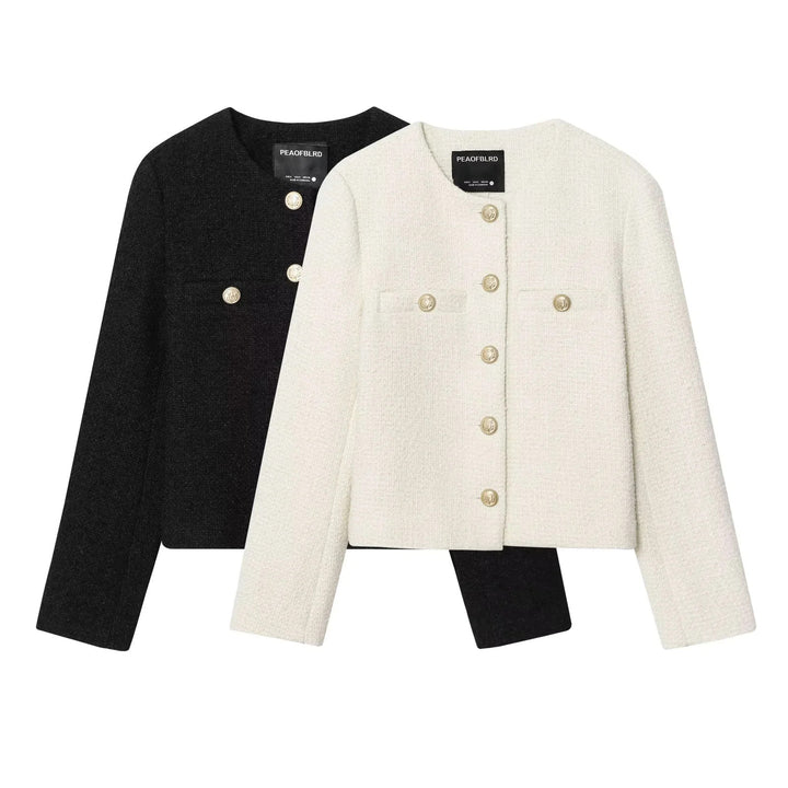Damen nan kastige Bouclé-Jacke mit Rundhalsausschnitt goldenen Zierknöpfen und aufgesetzten Brusttaschen Drune