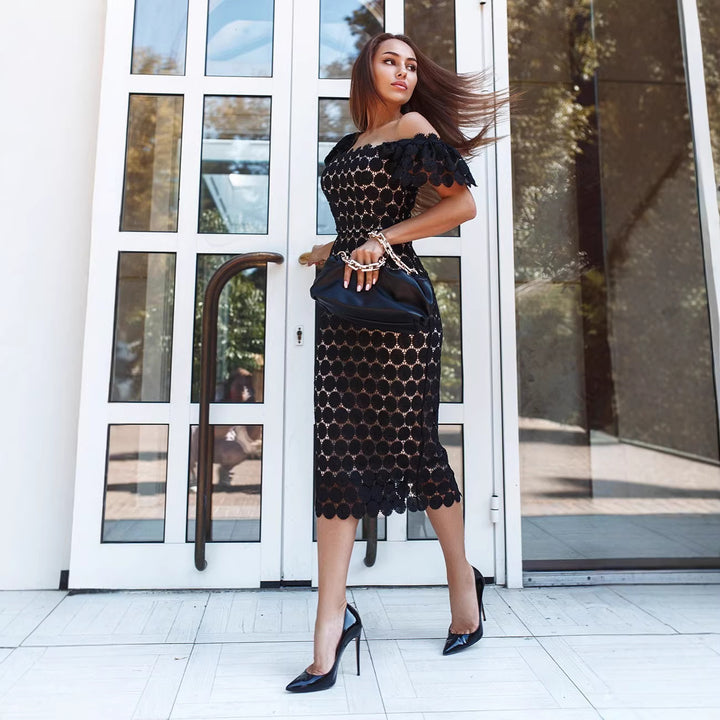 Damen Figurbetontes Spitzenkleid mit schulterfreiem Design und voluminösen Puffärmeln Drune