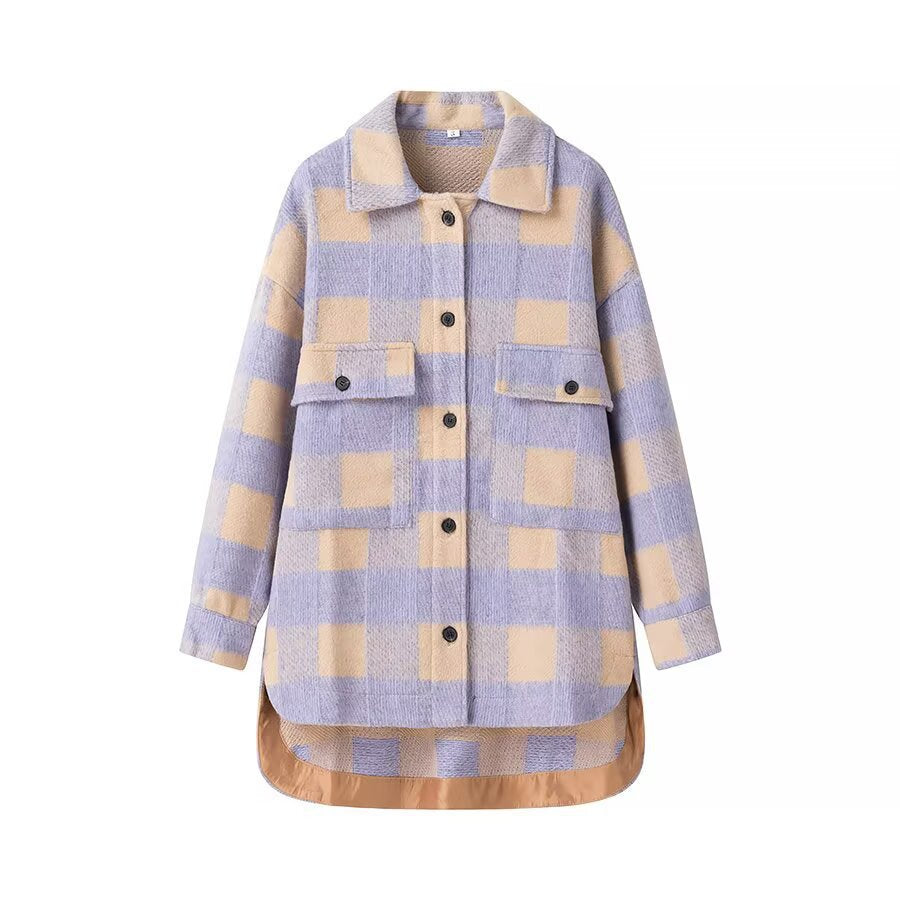 Damen Oversized Hemdjacke im Karo mit großen Pattentaschen und gerundetem Saum Drune