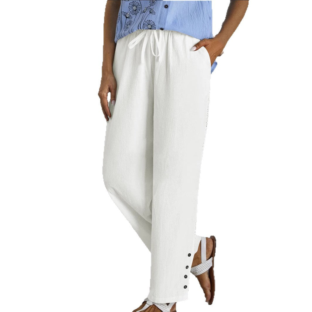Damen weite Sommerhose mit elastischem Taillenbund und seitlichen Knopfdetails Drune